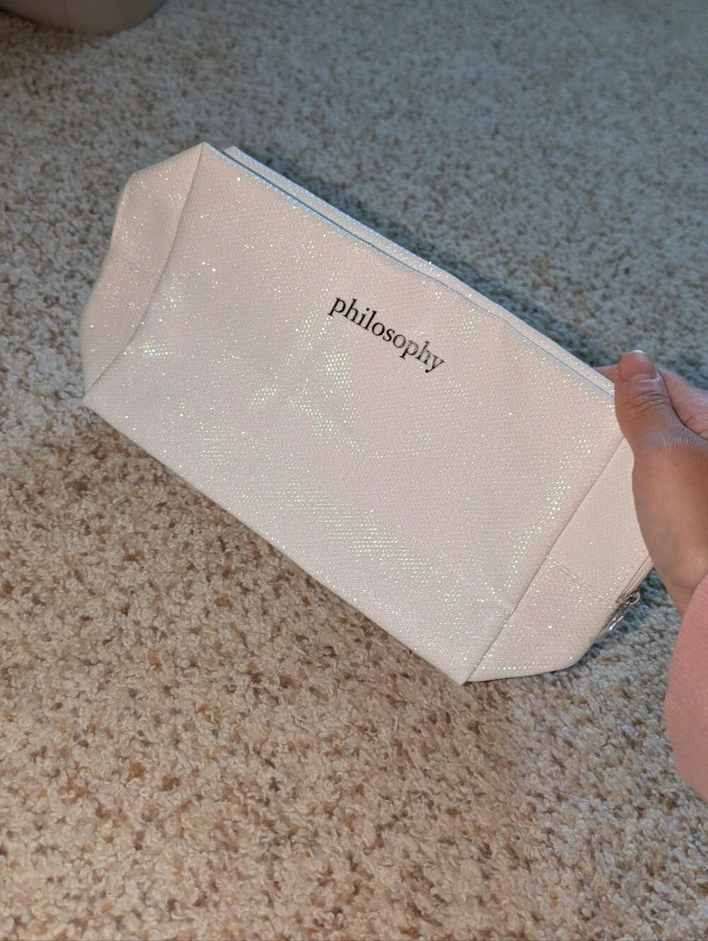 NEW small white iridescent shimmer Philosophy cosmetic bag